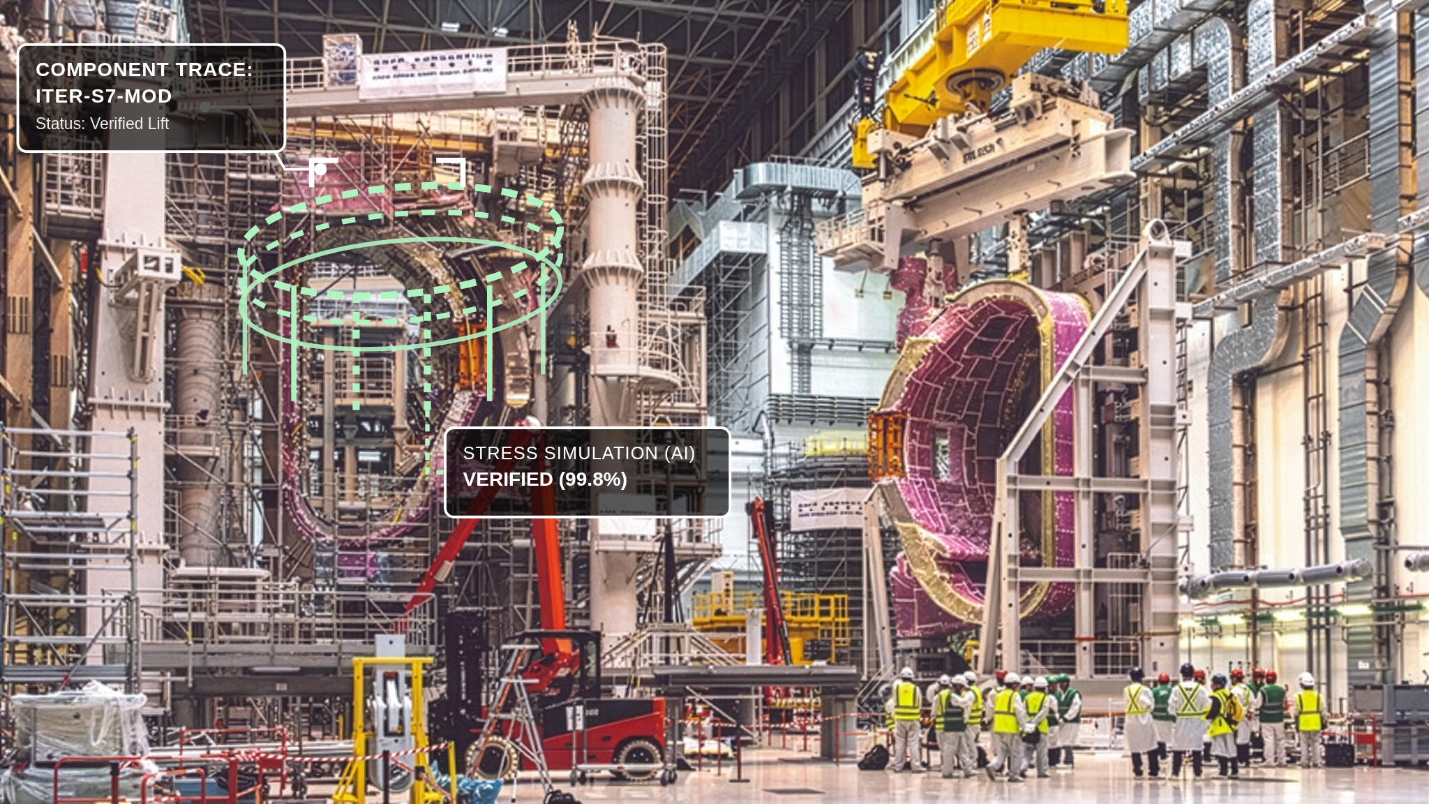 The same ITER workshop overlaid with the mint-green DeepMind Lens — structural wireframe and telemetry boxes projected onto the scene.